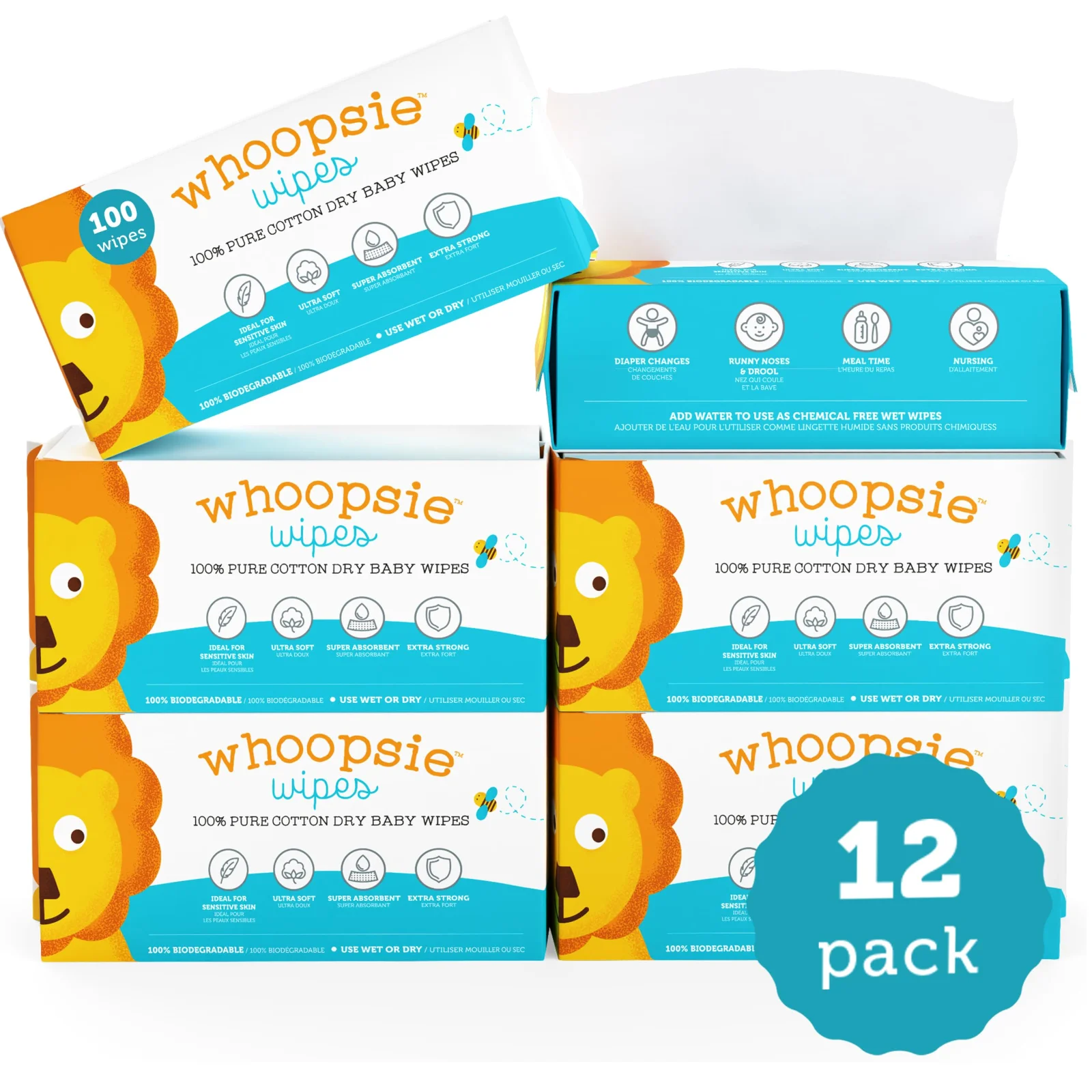 The Whoopsie Wipes twelve-pack, photographed on white